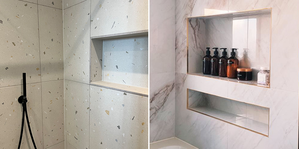 (Left) Tutti Frutti Cementi porcelain wall tiles, (Right) Volakas gold polished porcelain wall tiles with gold trim